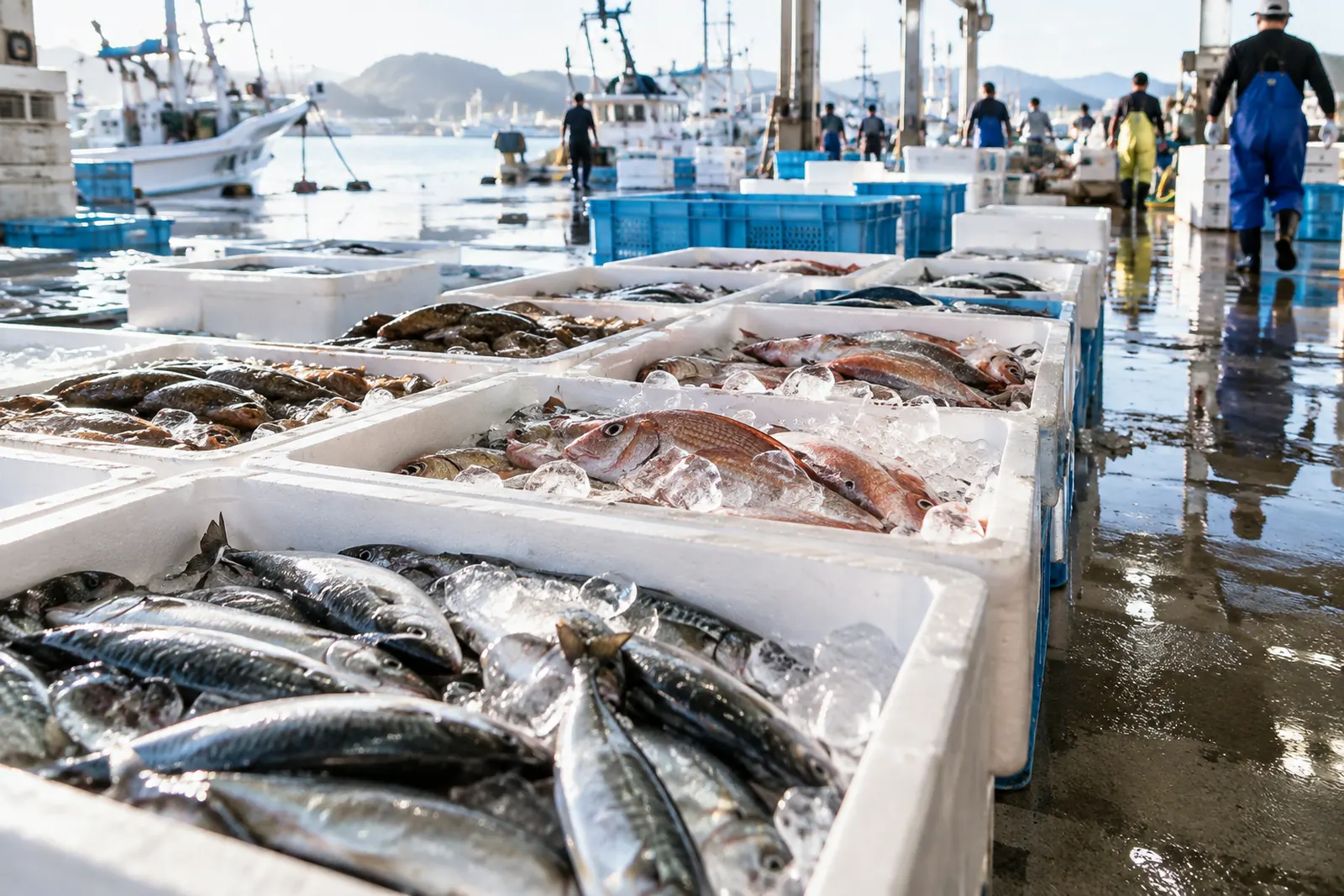朝の水産市場に並ぶ鮮魚の箱のイメージ