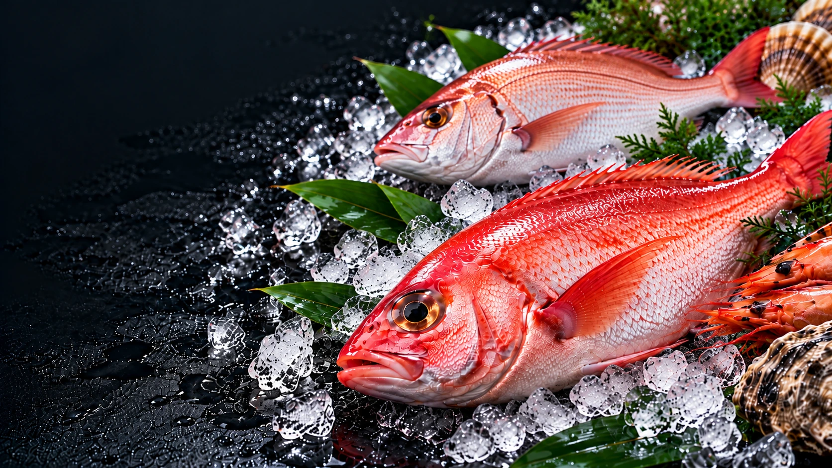 氷の上に並ぶ鮮魚と海の幸のイメージ